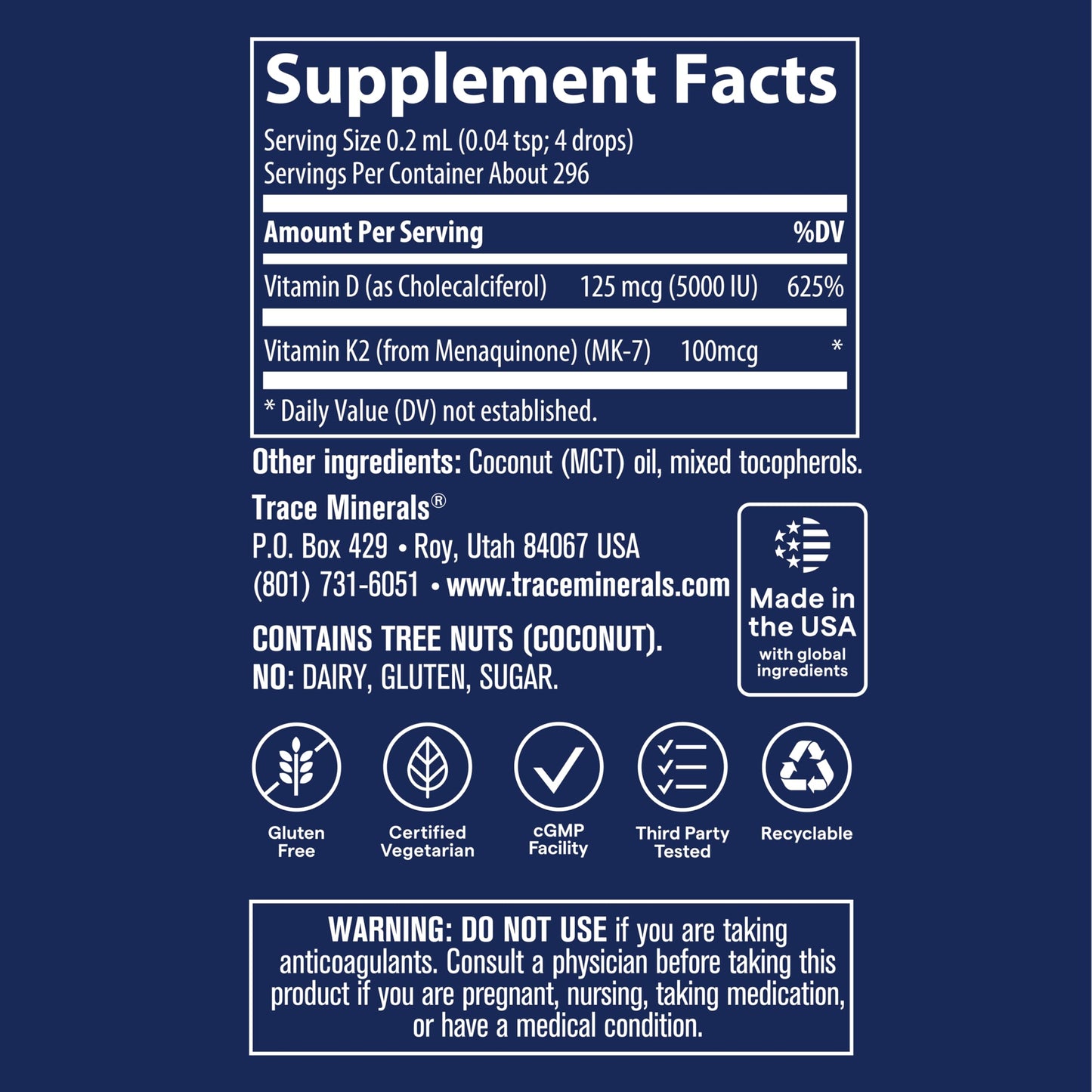 Trace Minerals Ionic D3+K2 Liquid Multivitamin - Bone & Heart Health, Calcium Support - 2 fl oz