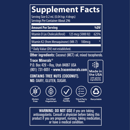 Trace Minerals Ionic D3+K2 Liquid Multivitamin - Bone & Heart Health, Calcium Support - 2 fl oz