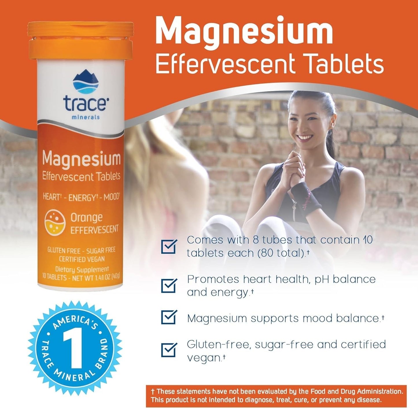 Trace Minerals Magnesium Effervescent – Supports Cardiovascular Health, Bone & Circulation – Orange, 8 Tubes (80 Servings)