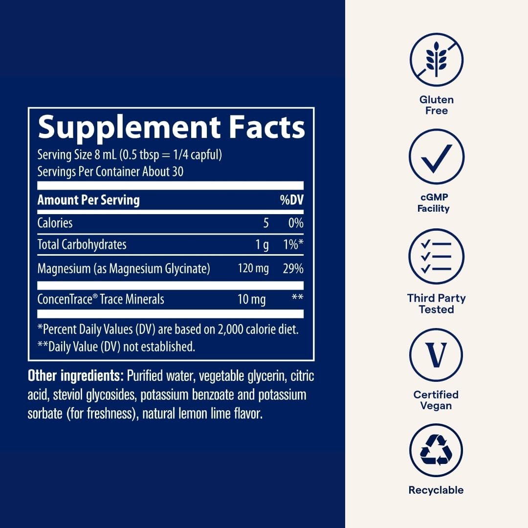 Trace Minerals Magnesium Glycinate Liquid Supplement – 8 fl oz (30 Servings) – Lemon Lime Flavor – For Men, Women & Teens