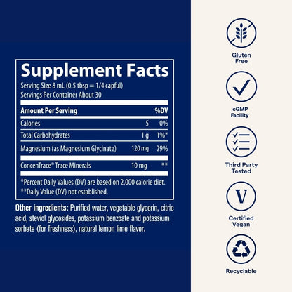 Trace Minerals Magnesium Glycinate Liquid Supplement – 8 fl oz (30 Servings) – Lemon Lime Flavor – For Men, Women & Teens