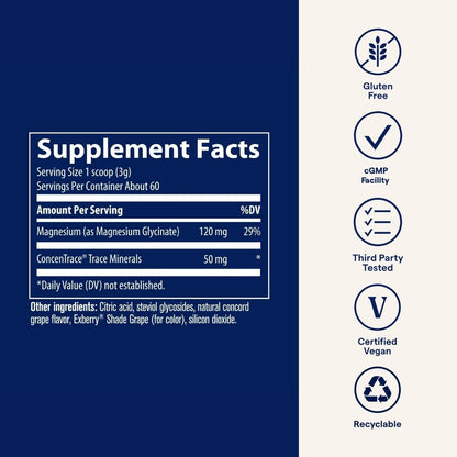 Trace Minerals Magnesium Glycinate Powder – Daily Magnesium for Sleep Support | Calming Bedtime Drink (Grape, 180g, 60 Servings)