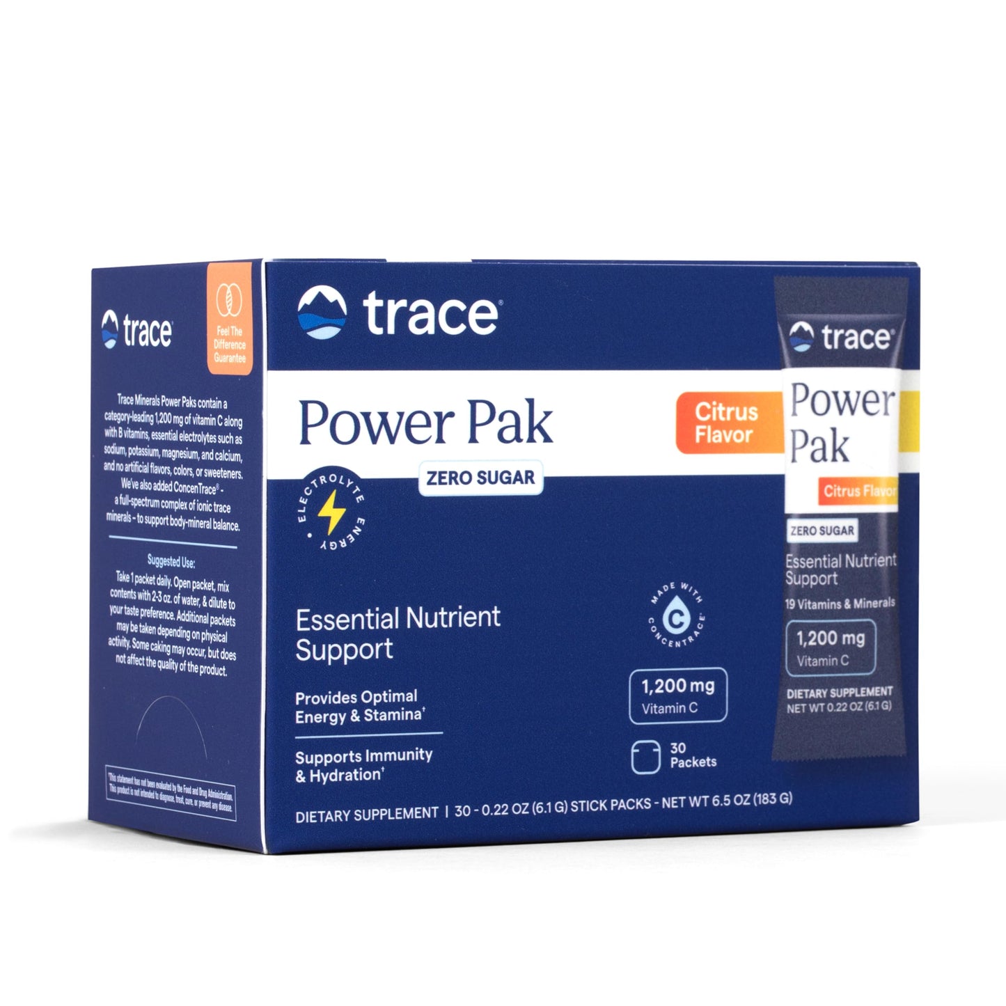 Trace Minerals Power Pak: 1200 mg Vitamin C + 70+ Trace Minerals – Sugar Free Citrus – 30 Packets