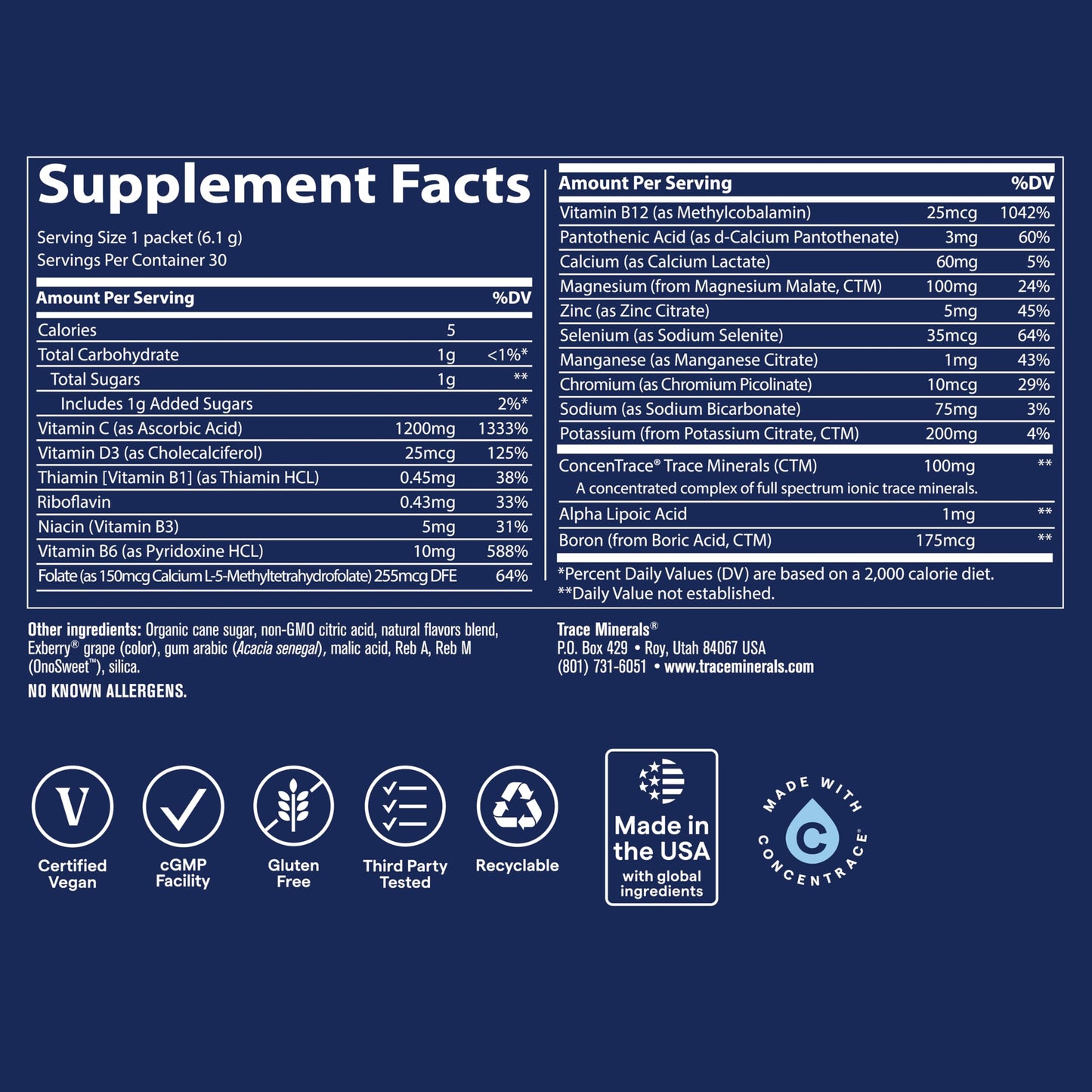 Trace Minerals Power Pak - Concord Grape (1200 mg Vitamin C + 70+ Minerals) 30 Packets