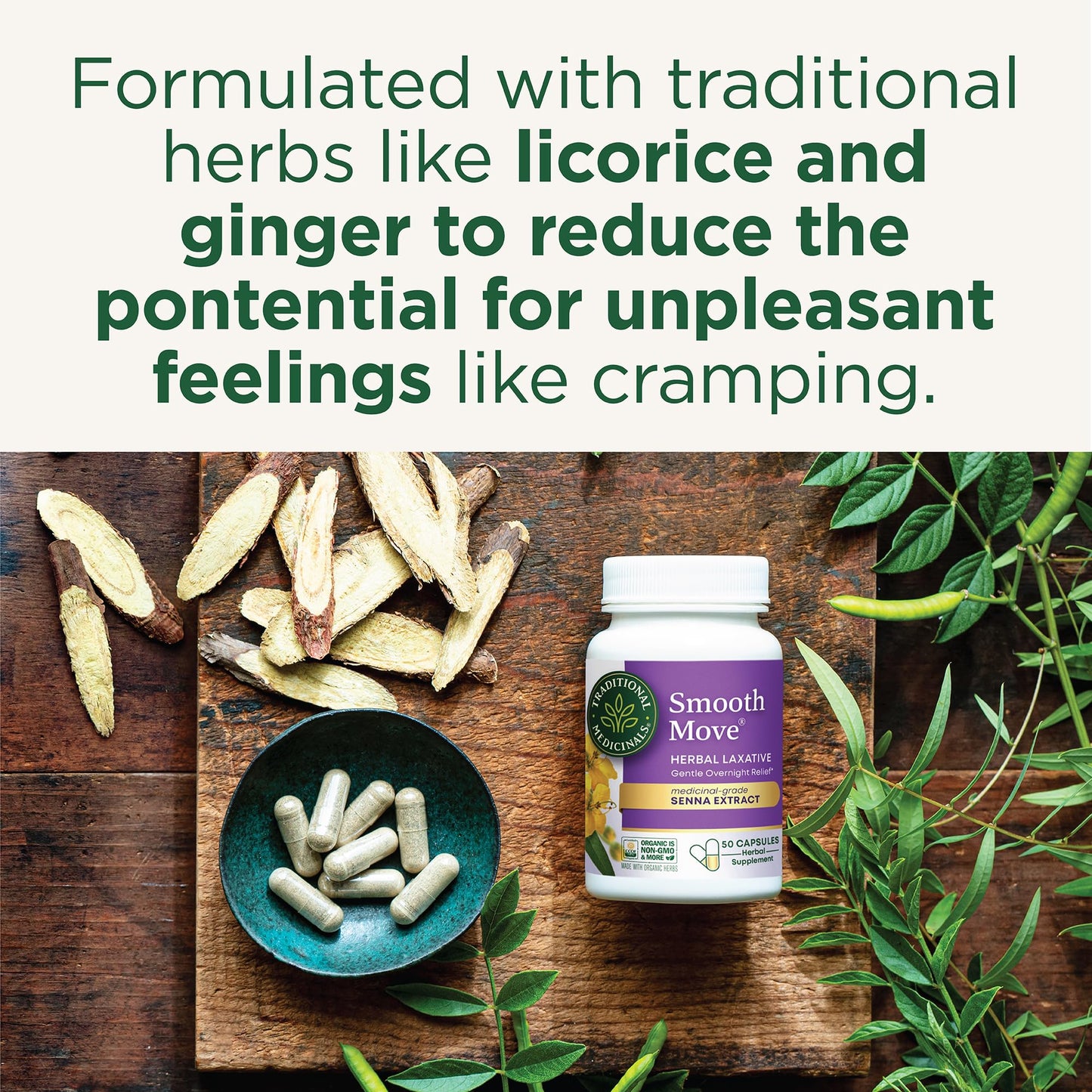 Traditional Medicinals Smooth Move Laxative Capsules – Organic Senna, 50 Caps