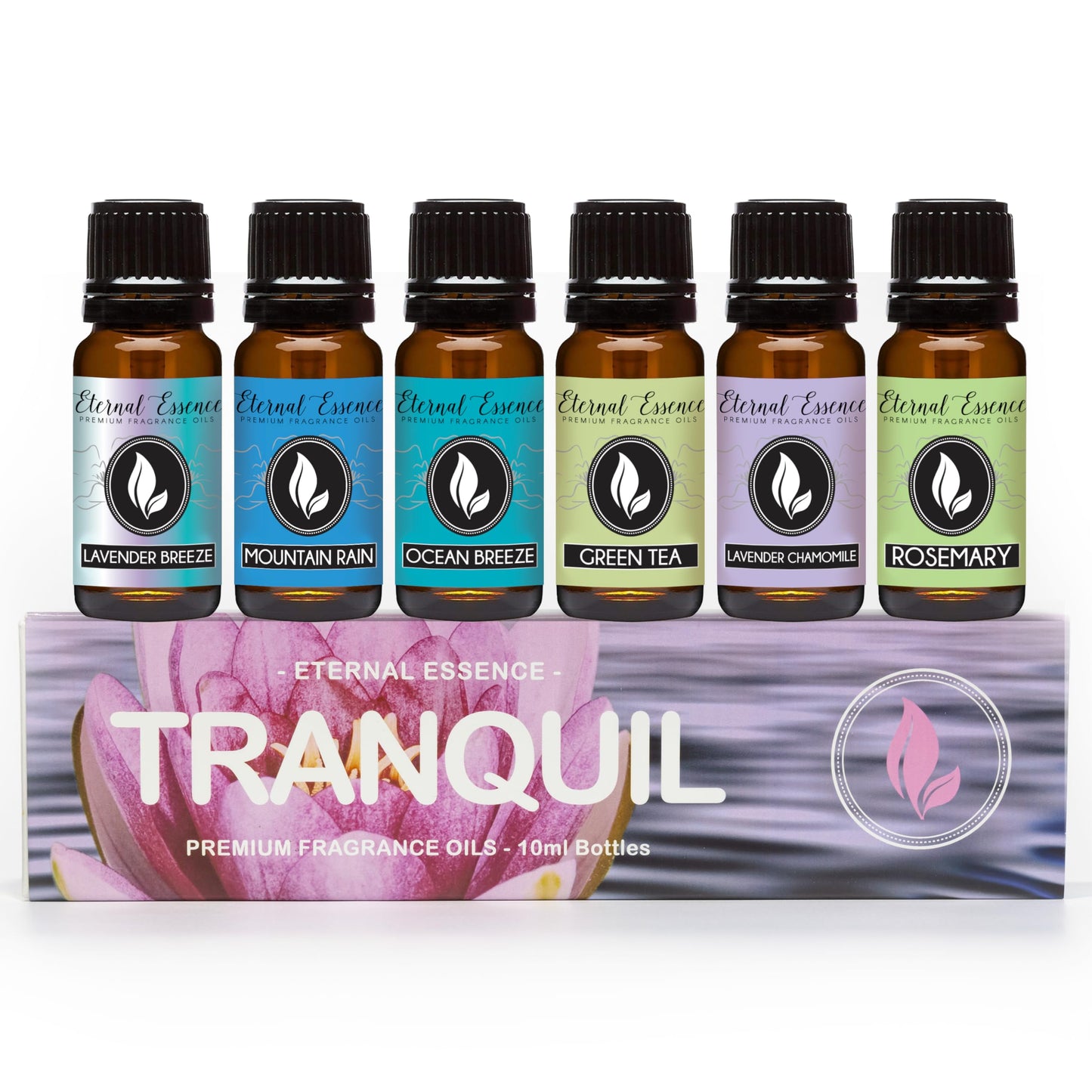 Tranquil Set of 6 Premium Fragrance Oils (10ml) – Lavender Breeze, Mountain Rain, Ocean Breeze, Lavender Chamomile, Green Tea, Rosemary
