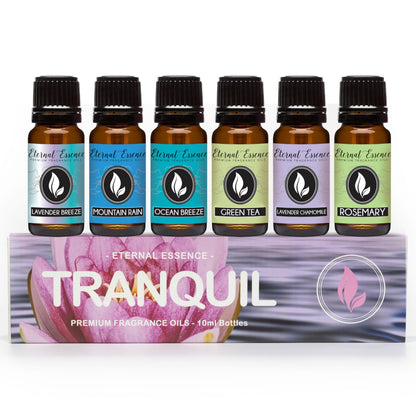 Tranquil Set of 6 Premium Fragrance Oils (10ml) – Lavender Breeze, Mountain Rain, Ocean Breeze, Lavender Chamomile, Green Tea, Rosemary