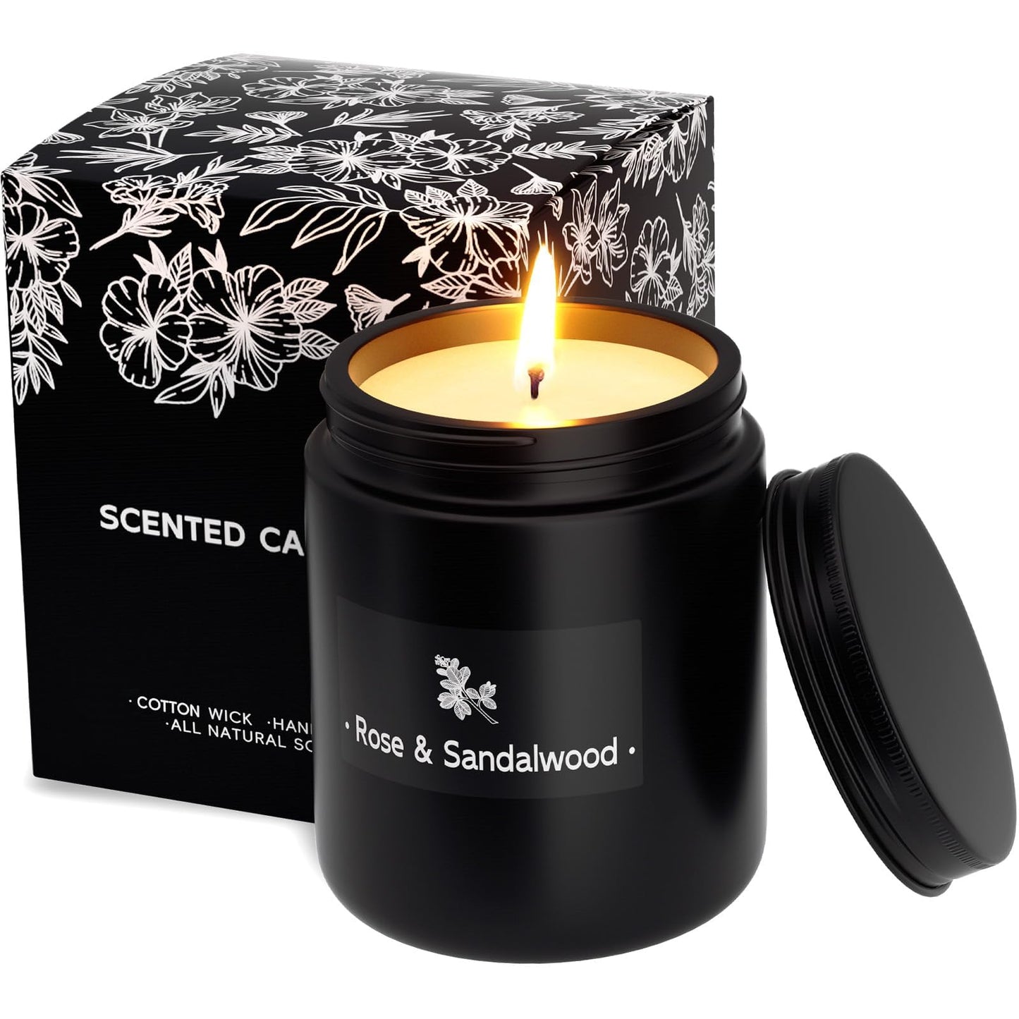 TranquilBliss Rose & Sandalwood Black Candle - 7.6oz Soy Wax, Gift for Men