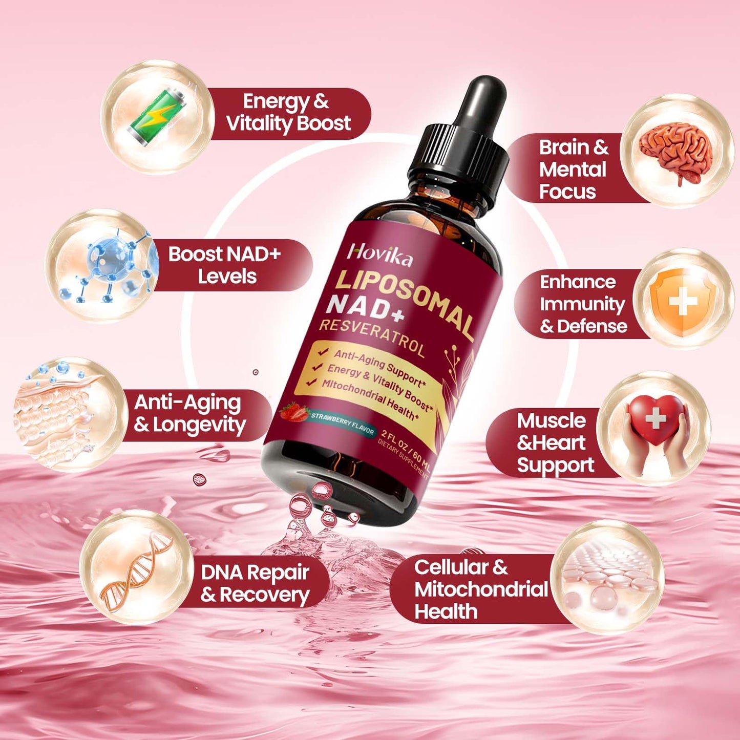 2 Pack Liposomal NAD+ Drops 1200mg - Strawberry Flavor, Resveratrol & Black Pepper