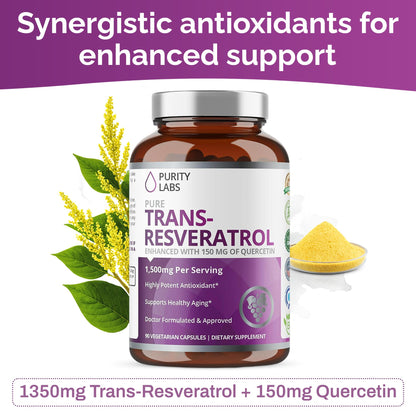 Purity Labs Trans-Resveratrol with Quercetin – Pure Organic Vegan Antioxidant (90 Caps)