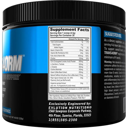 Trans4orm Thermogenic Fat Burner Powder – CLA, Carnitine, Alpha GPC | Blue Raz | Evlution Nutrition