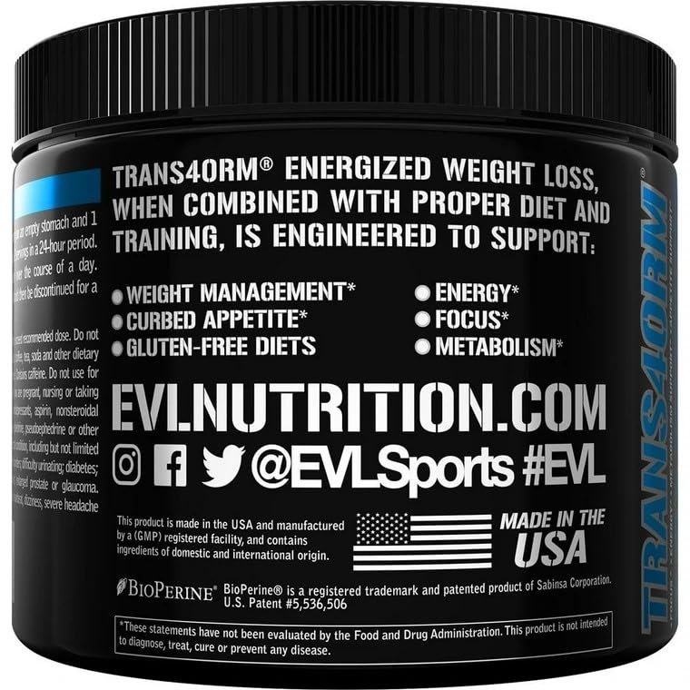 Trans4orm Thermogenic Fat Burner Powder – CLA, Carnitine, Alpha GPC | Blue Raz | Evlution Nutrition