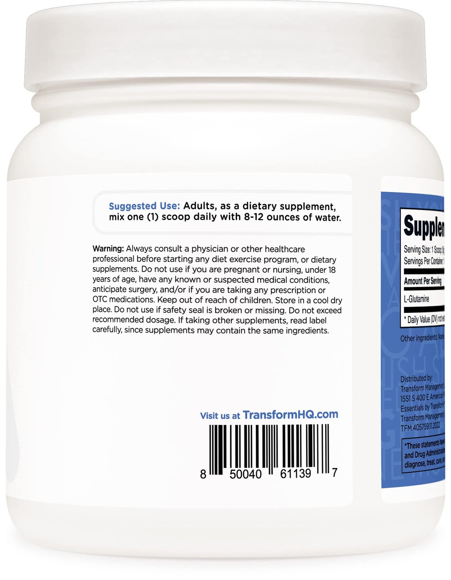 TransformHQ L-Glutamine Powder 500G | 100 Servings | Gluten Free, Non-GMO