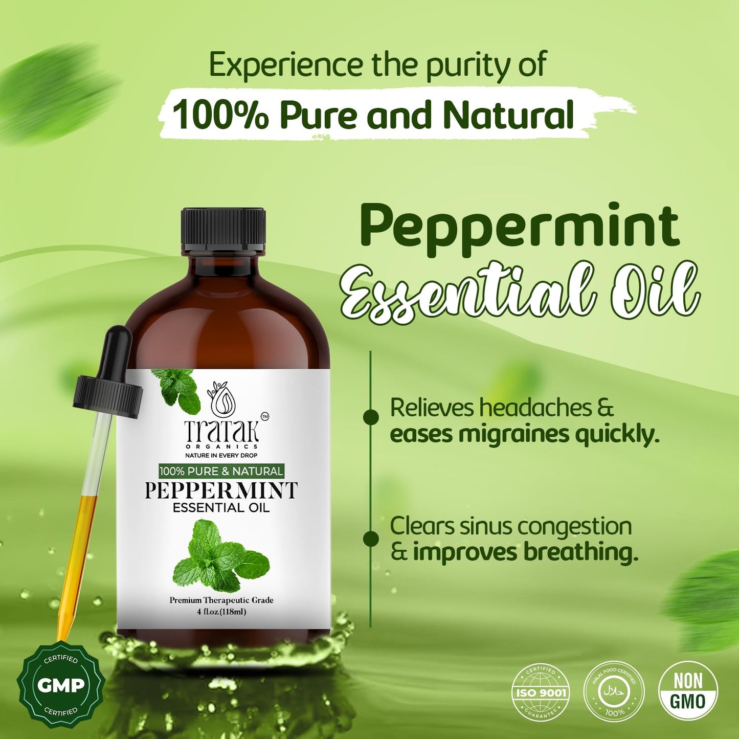 Tratak Organics Peppermint Piperita Essential Oil – 4 Oz | 100% Natural, Pure Peppermint Oil for Diffuser, Hair & Skin Care, Aromatherapy