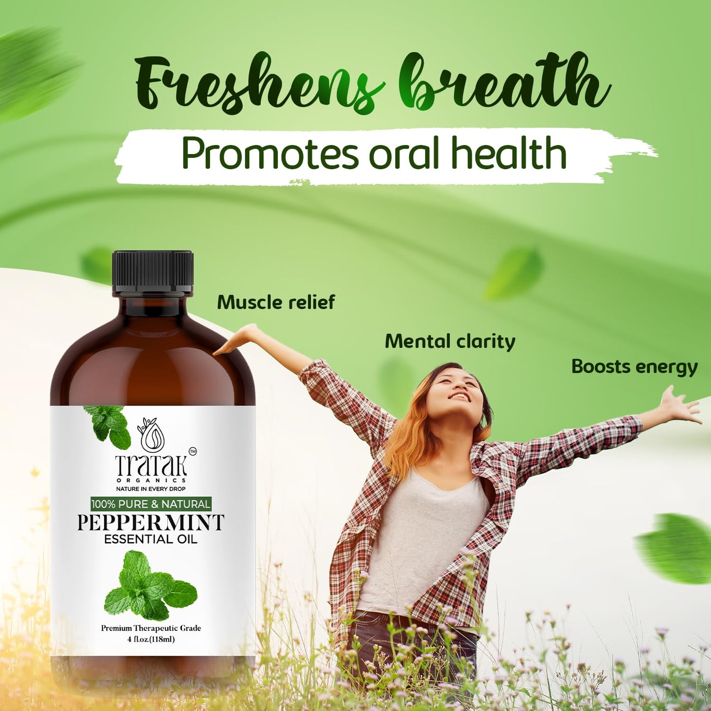 Tratak Organics Peppermint Piperita Essential Oil – 4 Oz | 100% Natural, Pure Peppermint Oil for Diffuser, Hair & Skin Care, Aromatherapy
