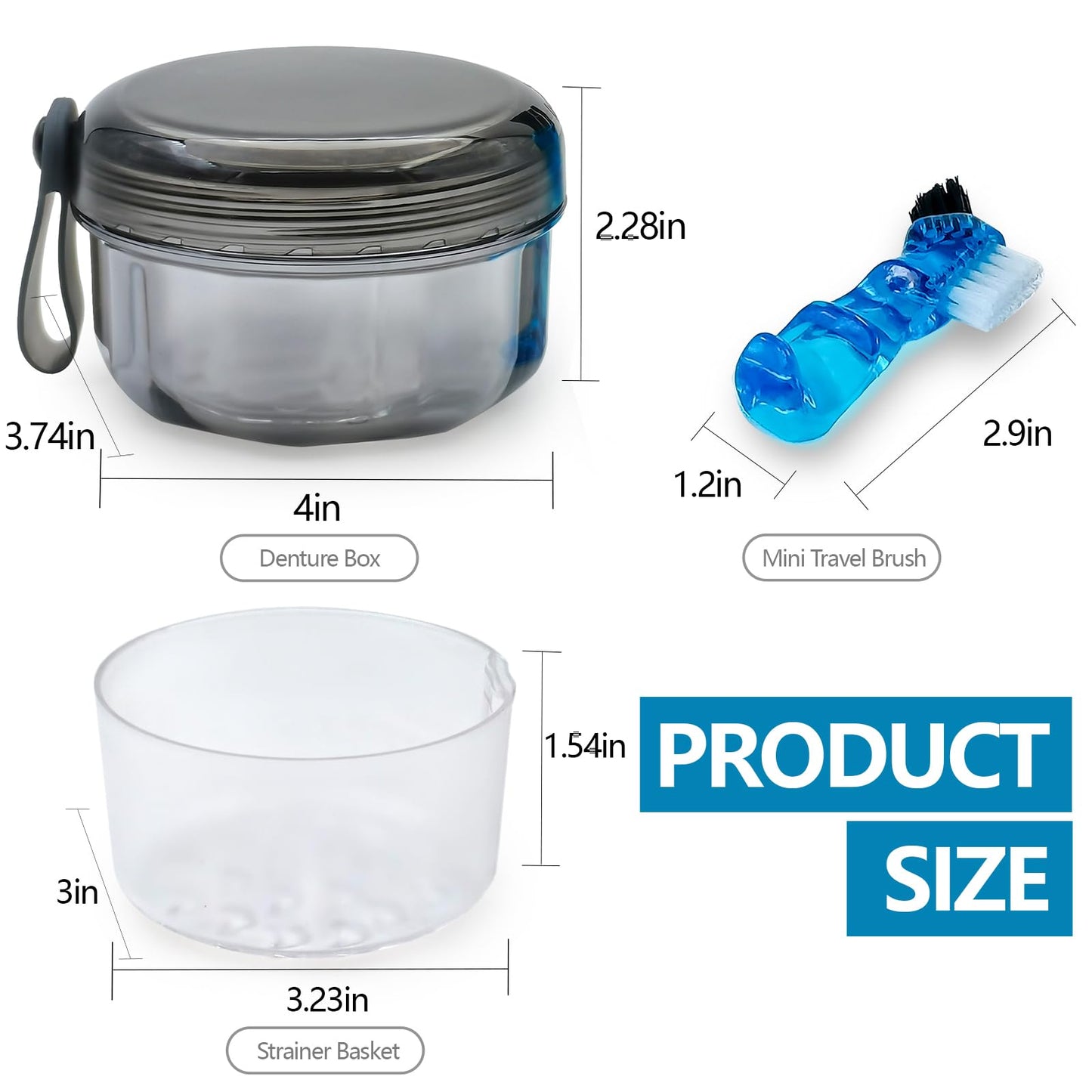 Leak Proof Denture Cups - Travel Bath Case with Brush, Transparent Black