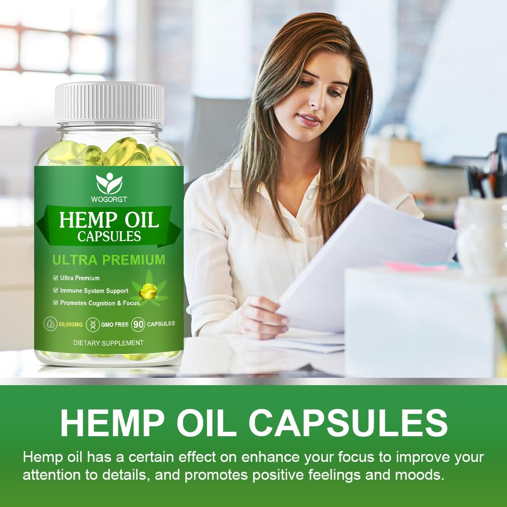 (2Pack) Hemp Oil Capsules – 60,000 Max Strength, Immune Support, Focus & Calm, Relaxation, Mood, Rich in Omega 3-6-9, 90 Capsules
