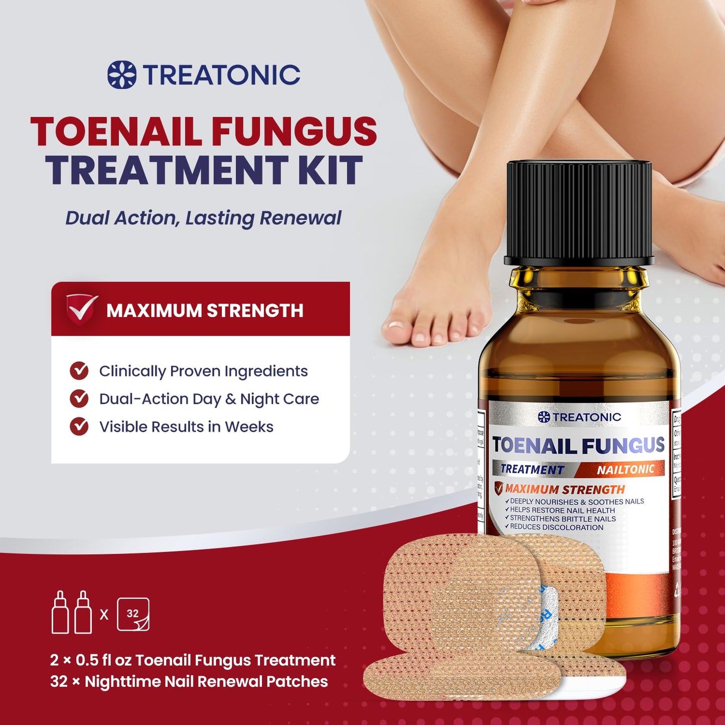 Treatonic Toenail Fungus Treatment Kit – Extra Strength 25% Undecylenic Acid + 32 Nighttime Patches