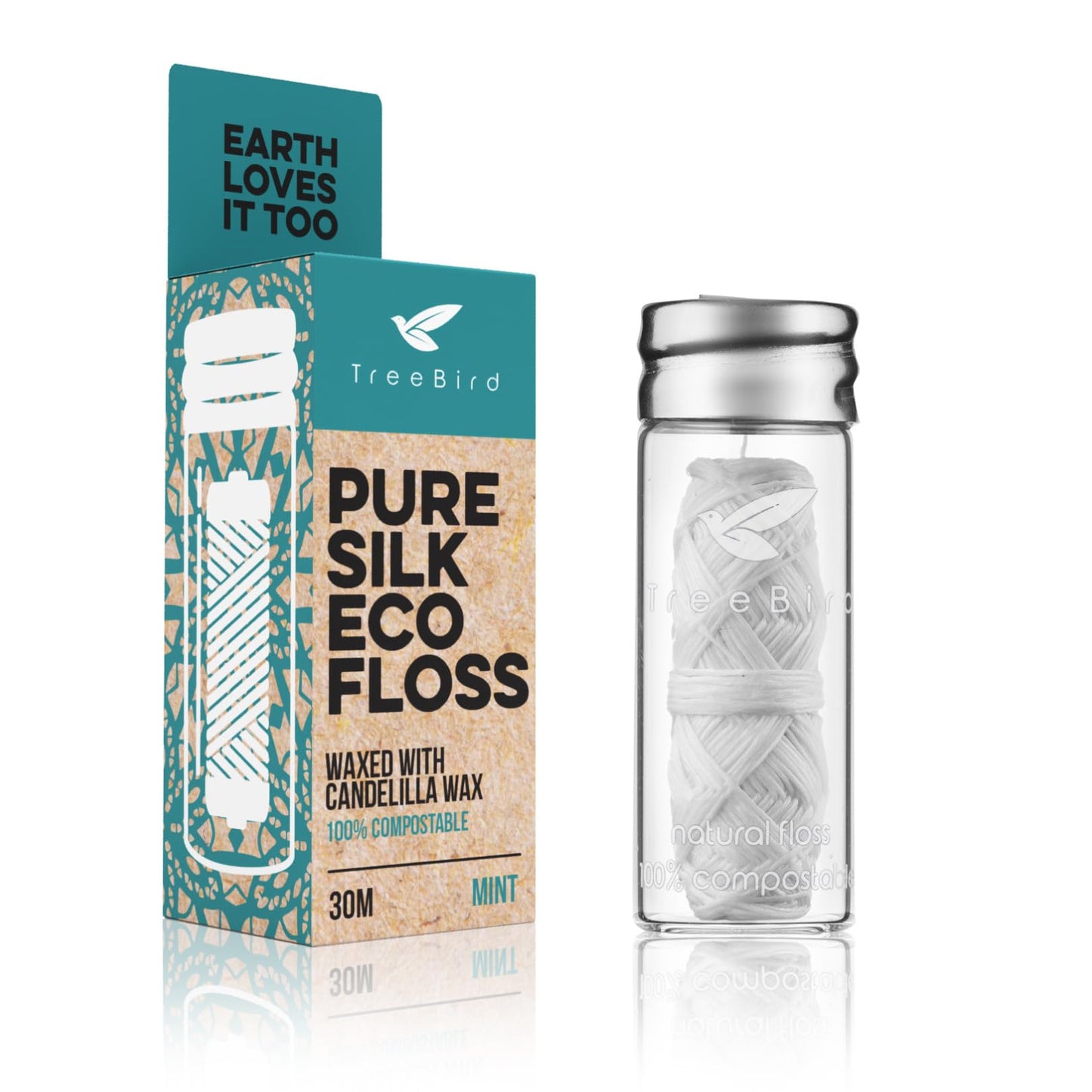TreeBird Pure Silk Eco Floss – 33yd Silk in Refillable Glass Dispenser (Mint)