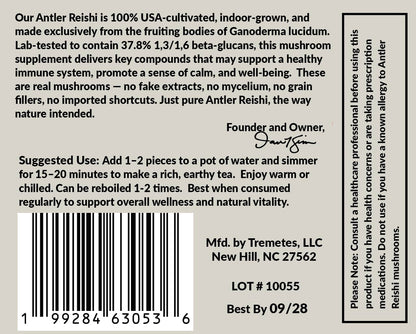 Tremetes Antler Reishi Mushroom – 37.8% Beta-Glucans | Tea Slices in Amber Jar