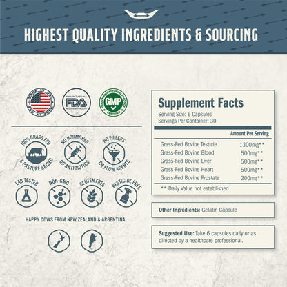 Grass-Fed Beef Organ Supplement for Men – Testicle, Prostate, Blood, Liver & Heart (3000mg)