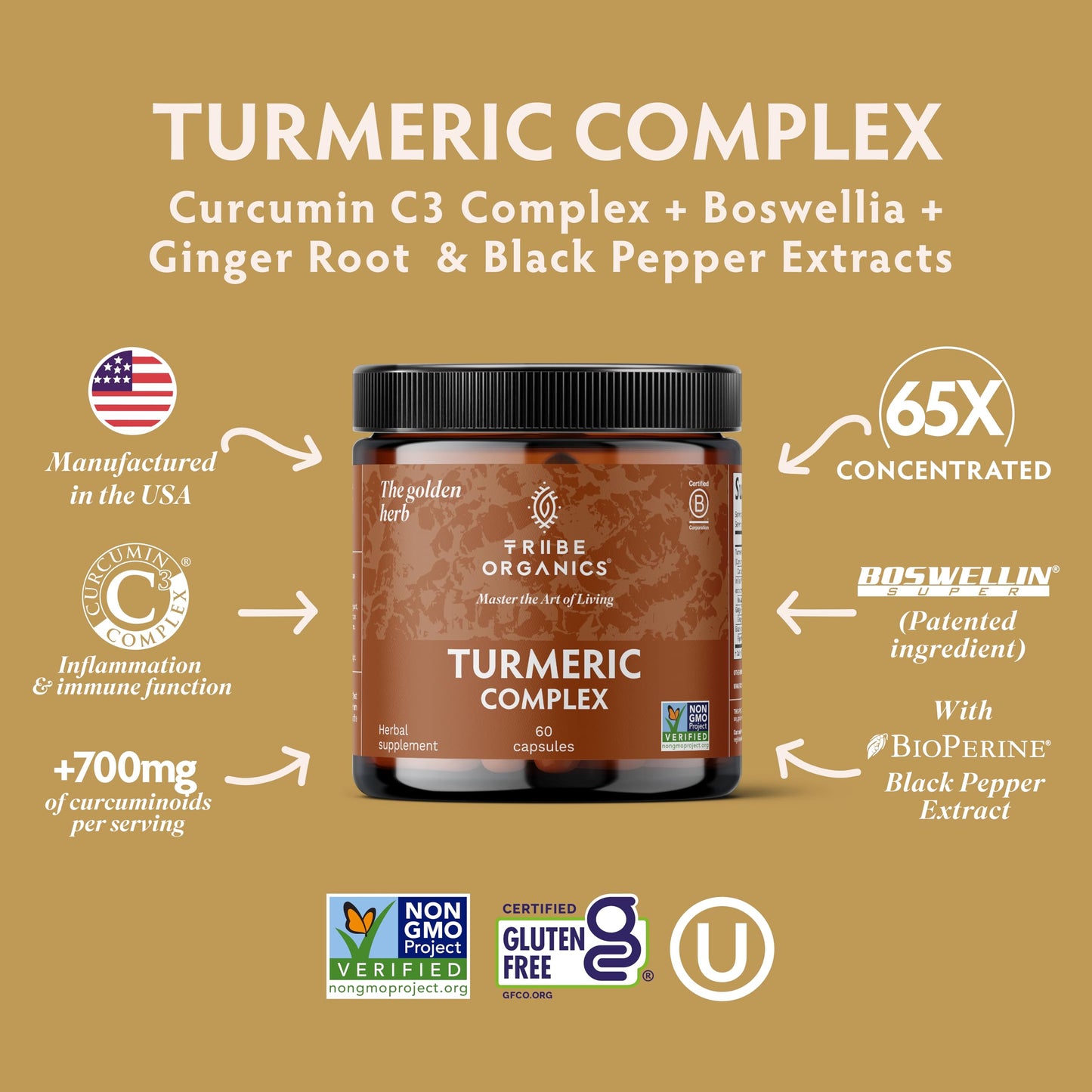 TRIBE ORGANICS Turmeric Curcumin C3 Complex with BioPerine 1050mg | Natural Joint Support | 95% Curcuminoids & Black Pepper for High Absorption | 60 Vegan Capsules