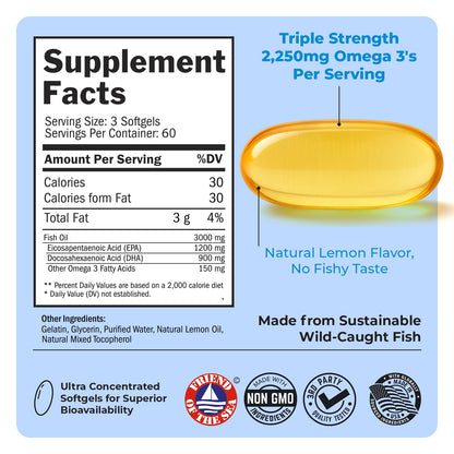 Triple Strength Omega-3 Fish Oil 2250mg EPA/DHA - Burpless Lemon, 180 Softgels