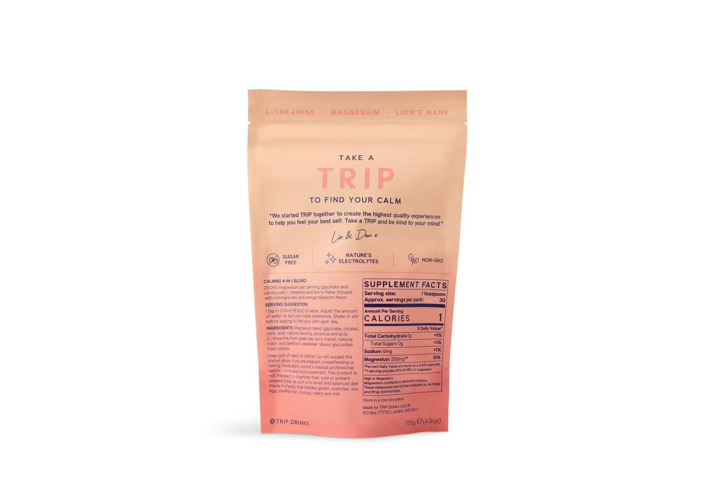 TRIP Magnesium Glycinate Powder with L-Theanine & Lion's Mane – 250mg per Serving | Sugar Free