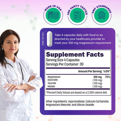 Triple Magnesium Complex – 300mg per Serving – Glycinate, Taurate, Malate – Chelated, Gentle on Stomach – 120 Capsules – Made in USA