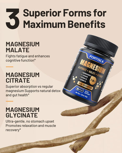 Triple Magnesium Complex 500mg – 7-in-1 Magnesium Supplement with Glycinate, Malate & Citrate | Ashwagandha & L-Theanine | Vegan | Non-GMO | 90 Capsules