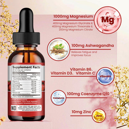 Triple Magnesium Complex Liquid Drops 1000mg – Magnesium Glycinate & Citrate with Ashwagandha, CoQ10, B6, C, D, Zinc | Stress Relief & Bone Support | Vegan