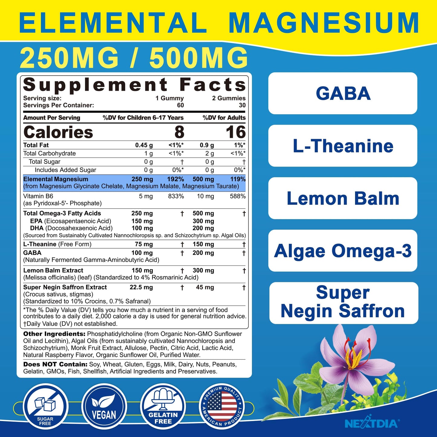 Triple Magnesium Complex Gummies for Adults & Kids 6+ – Sugar Free | Omega-3, Saffron, L-Theanine