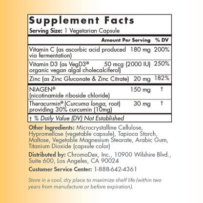TRU NIAGEN Immune Support - NAD+ Boost, Vitamin C from Fermentation, Vitamin D3 2000 IU, Zinc, Theracurmin | 30ct