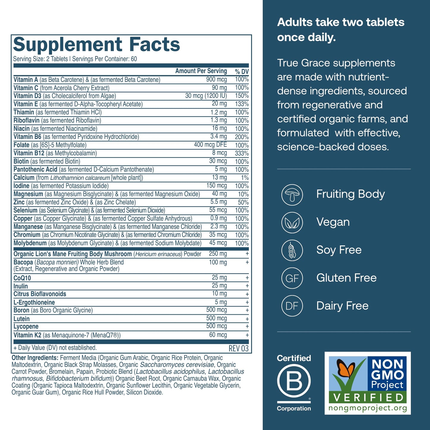 True Grace Daily Men’s Multivitamin 50+ – 60 Servings (120 Tablets) | Immune, Energy, Longevity & Memory Support