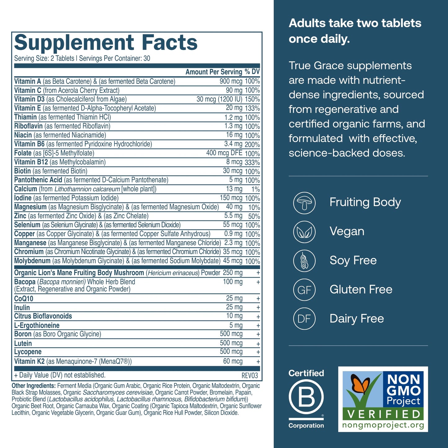 True Grace Daily Men’s Multivitamin 50+ | 60 Easy-to-Swallow Tablets | Immune, Energy, Longevity & Memory Support | Gluten Free, Soy Free, Vegan | 30 Servings