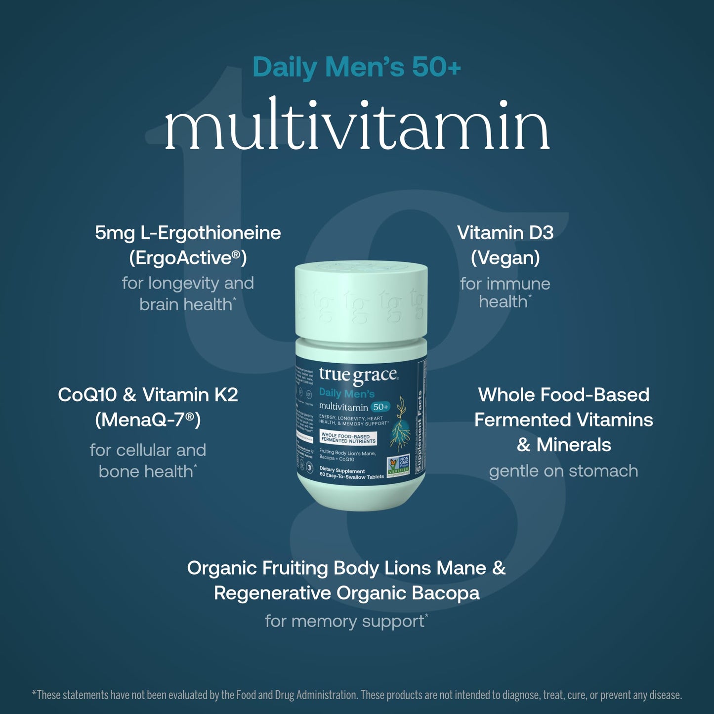 True Grace Daily Men’s Multivitamin 50+ | 60 Easy-to-Swallow Tablets | Immune, Energy, Longevity & Memory Support | Gluten Free, Soy Free, Vegan | 30 Servings