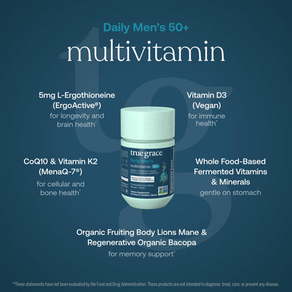 True Grace Daily Men’s Multivitamin 50+ | 60 Easy-to-Swallow Tablets | Immune, Energy, Longevity & Memory Support | Gluten Free, Soy Free, Vegan | 30 Servings