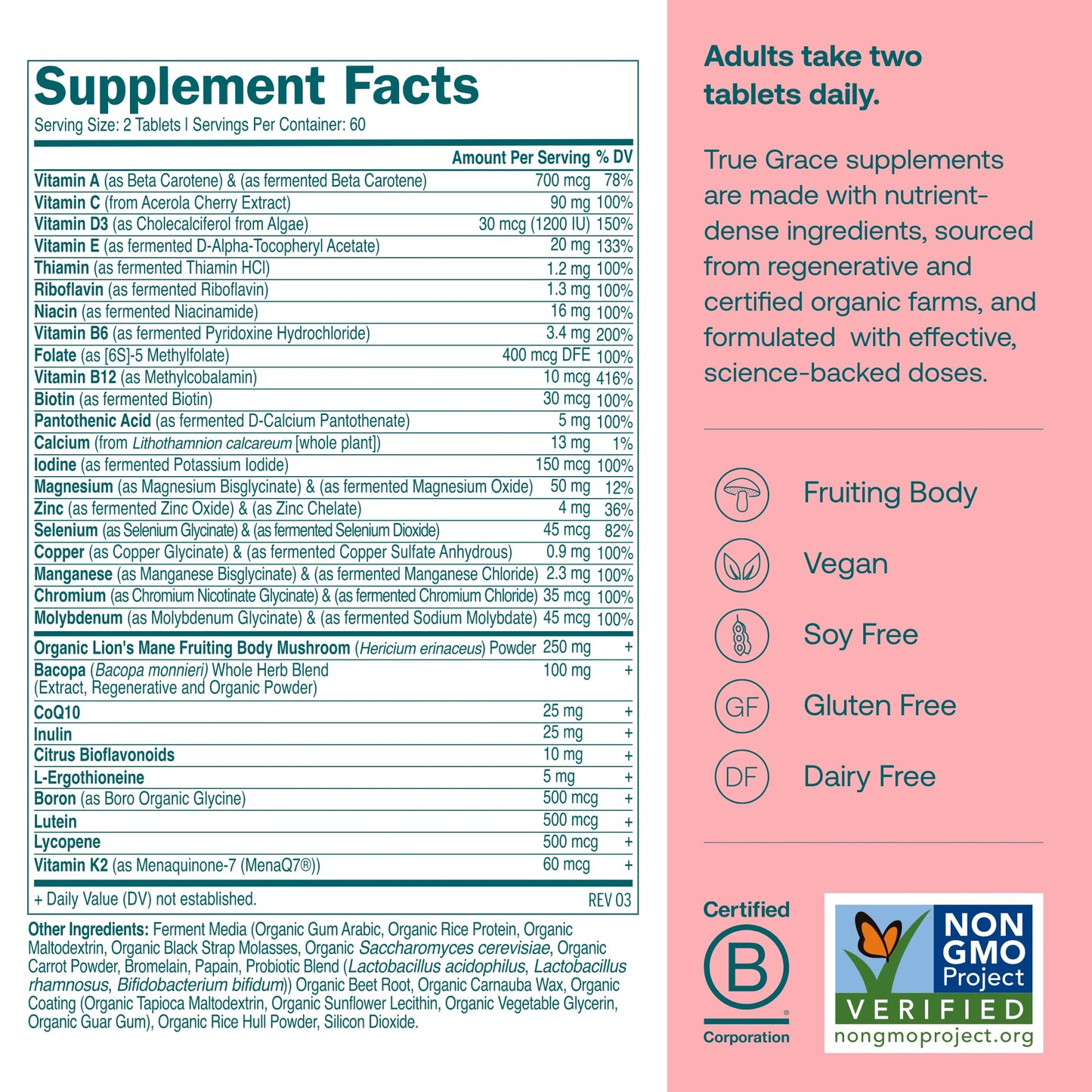 True Grace Daily Women's Multivitamin 50+ | 120 Tablets | Immune, Energy & Memory Support | Vegan, Gluten/Soy/Iron Free