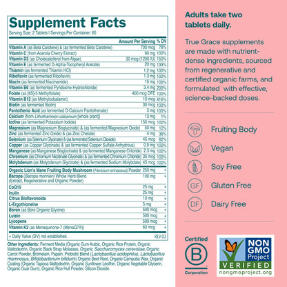 True Grace Daily Women's Multivitamin 50+ | 120 Tablets | Immune, Energy & Memory Support | Vegan, Gluten/Soy/Iron Free