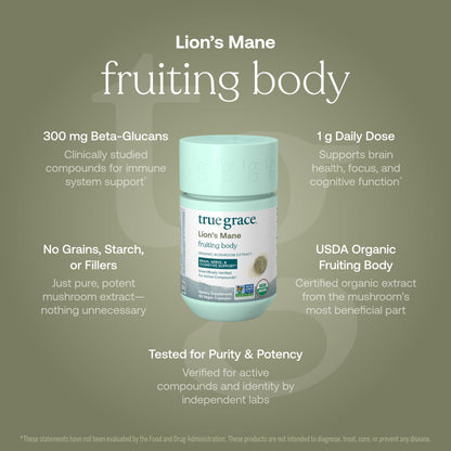 True Grace Lion's Mane – Brain, Nerve & Cognitive Support | 60 Capsules | Organic