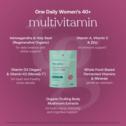 True Grace One Daily 40+ Multivitamin with Fermented Minerals, Organic Adaptogens & Mushrooms - Non-GMO, Gluten & Soy Free, 90 Vegan Tablets