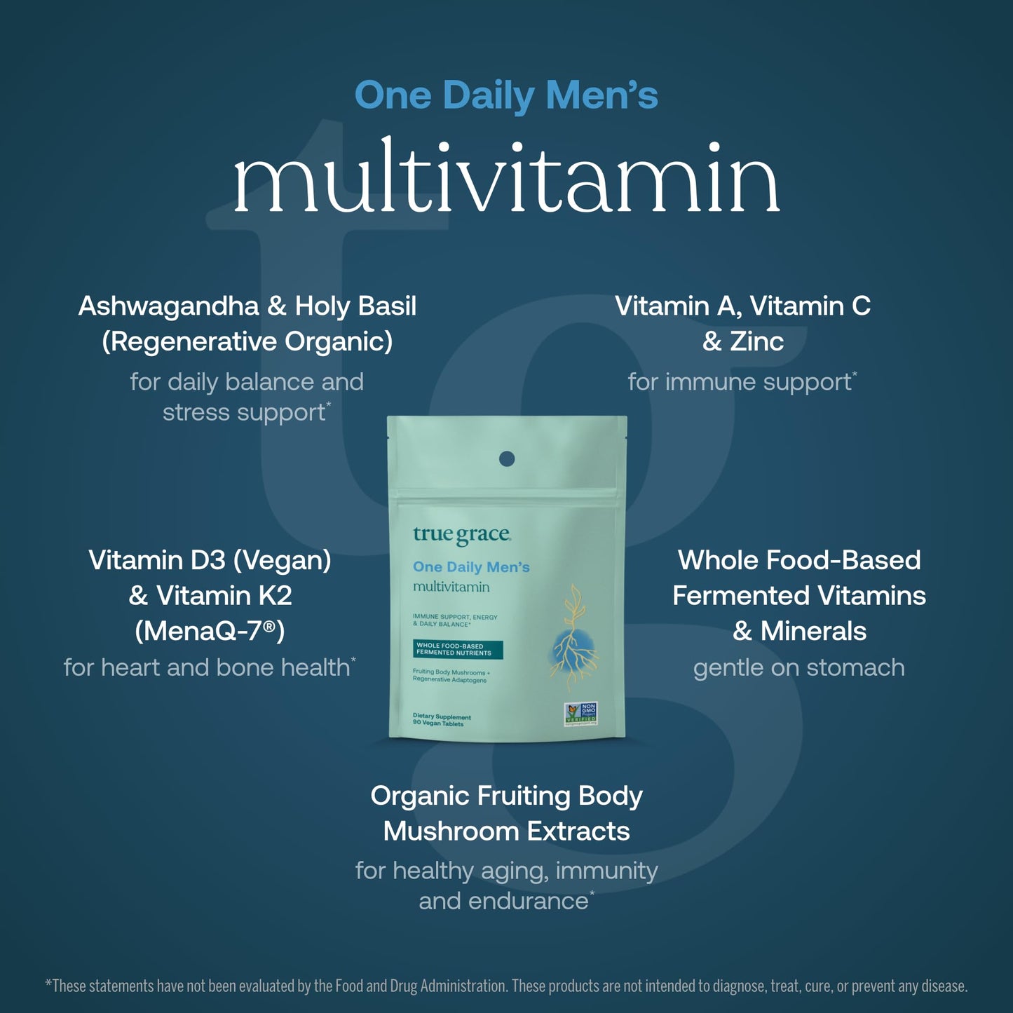 True Grace One Daily Men's Multivitamin – Fermented Minerals, Organic Mushrooms & Adaptogens (90 Vegan Tablets)