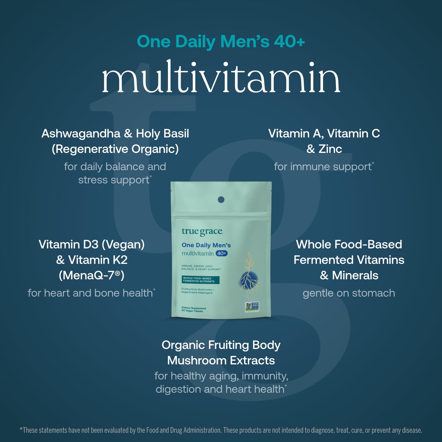 True Grace Men's 40+ One Daily Multivitamin with Fermented Minerals & Organic Adaptogens – 90 Veg Tablets