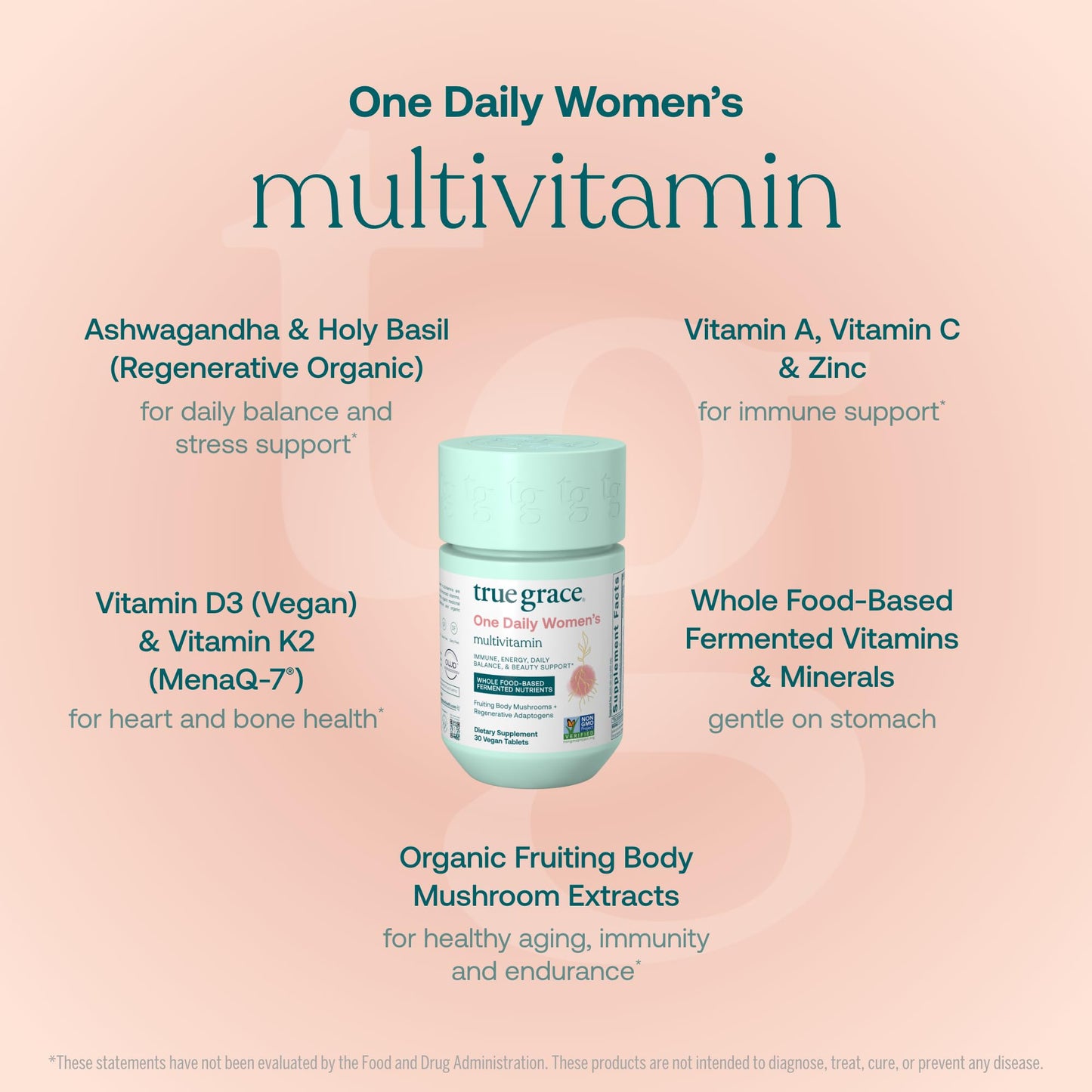 True Grace One Daily Women’s Multivitamin – Fermented Minerals, Organic Adaptogens & Mushrooms | 30 Vegan Tablets