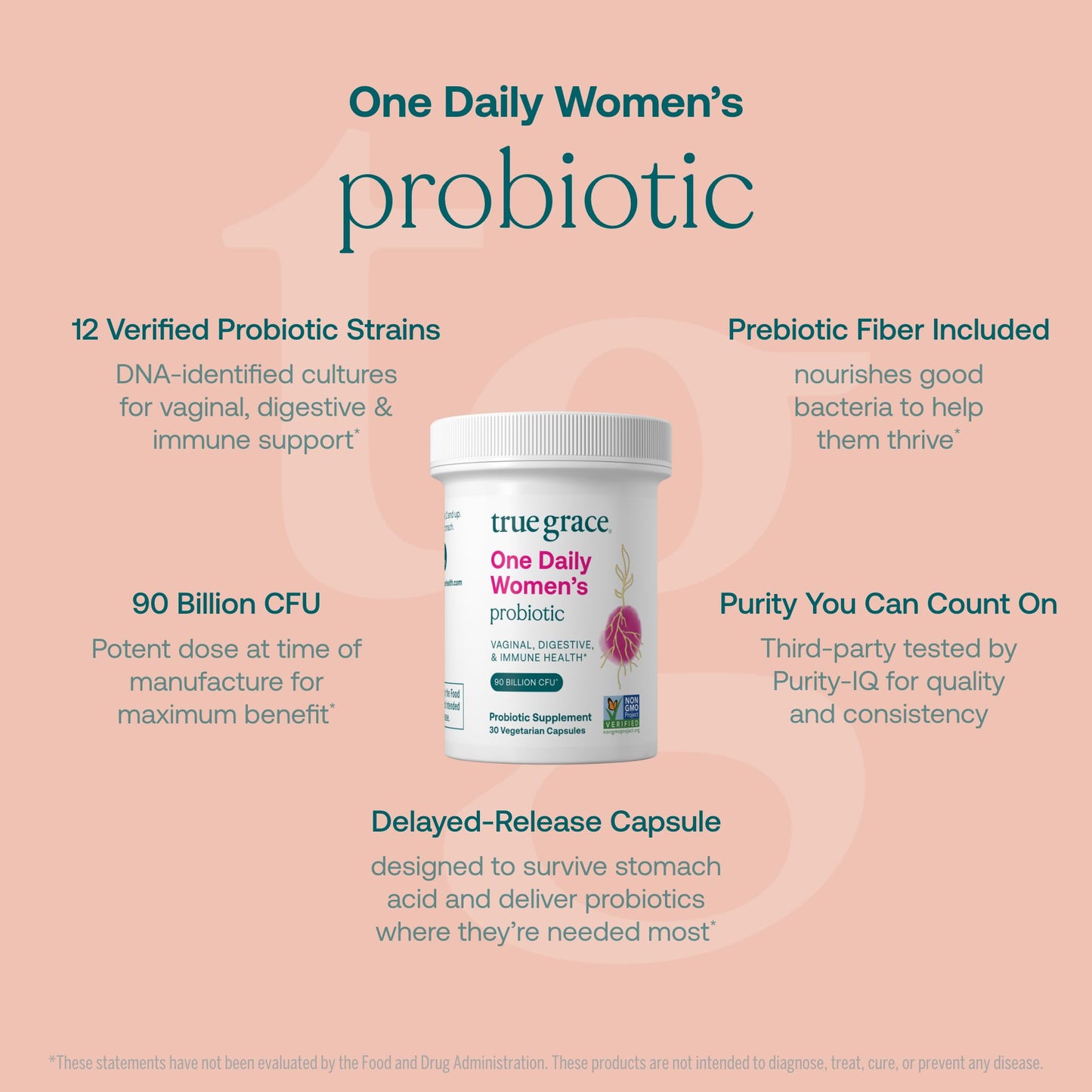 True Grace One Daily Women’s Probiotic – 90B CFU, 30B Shelf Life, Gluten & Soy Free