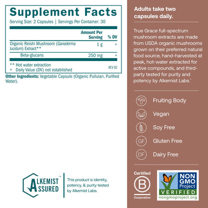 True Grace Mushroom Reishi Daily Balance & Longevity - 60 Count Capsules - Organic