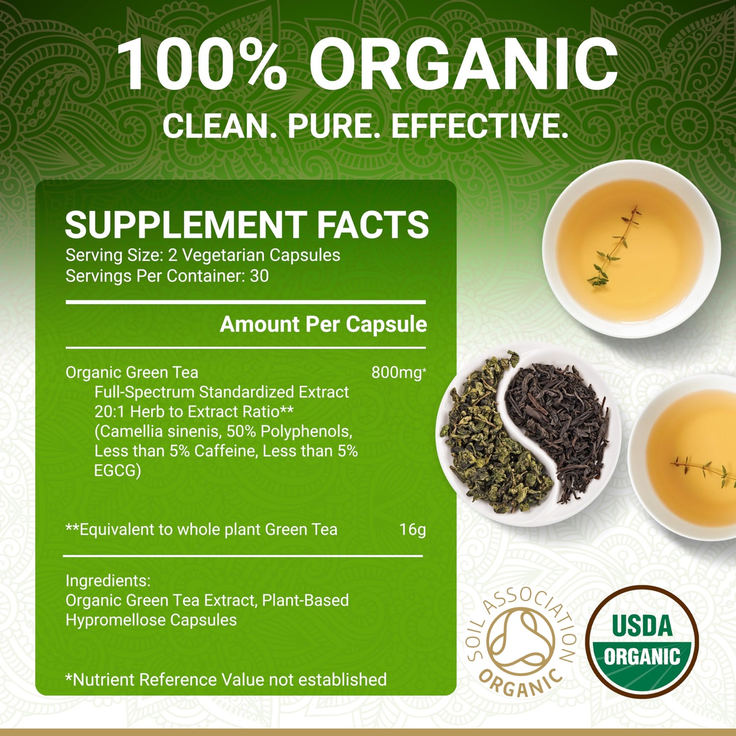 True Veda USDA Organic Green Tea Extract Capsules with EGCG – 60 Vegan Capsules, Low Caffeine