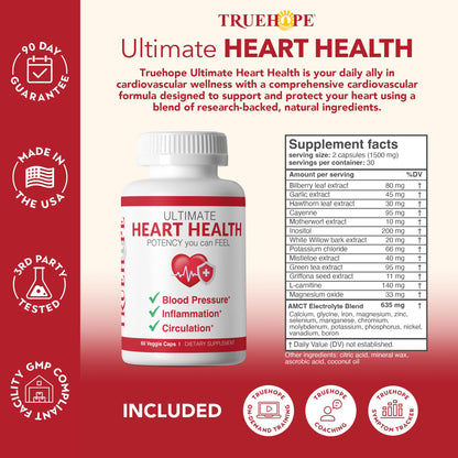 Truehope 27-in-1 Ultimate Heart Health Supplement | Blood Pressure, Circulation, Heart Function Support | Potency You Can Feel Day 1 | Hawthorn, Motherwort, Inositol, Mistletoe | + Advanced Chelation