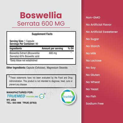 TRUEMED Boswellia Serrata 600mg – 65% Boswellic Acid | Joint Support, Mobility