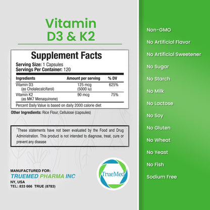 TRUEMED Vitamin D3 & K2 Supplement – 5000 IU D3 + 90 mcg K2 MK7 | 120 Veggie Capsules